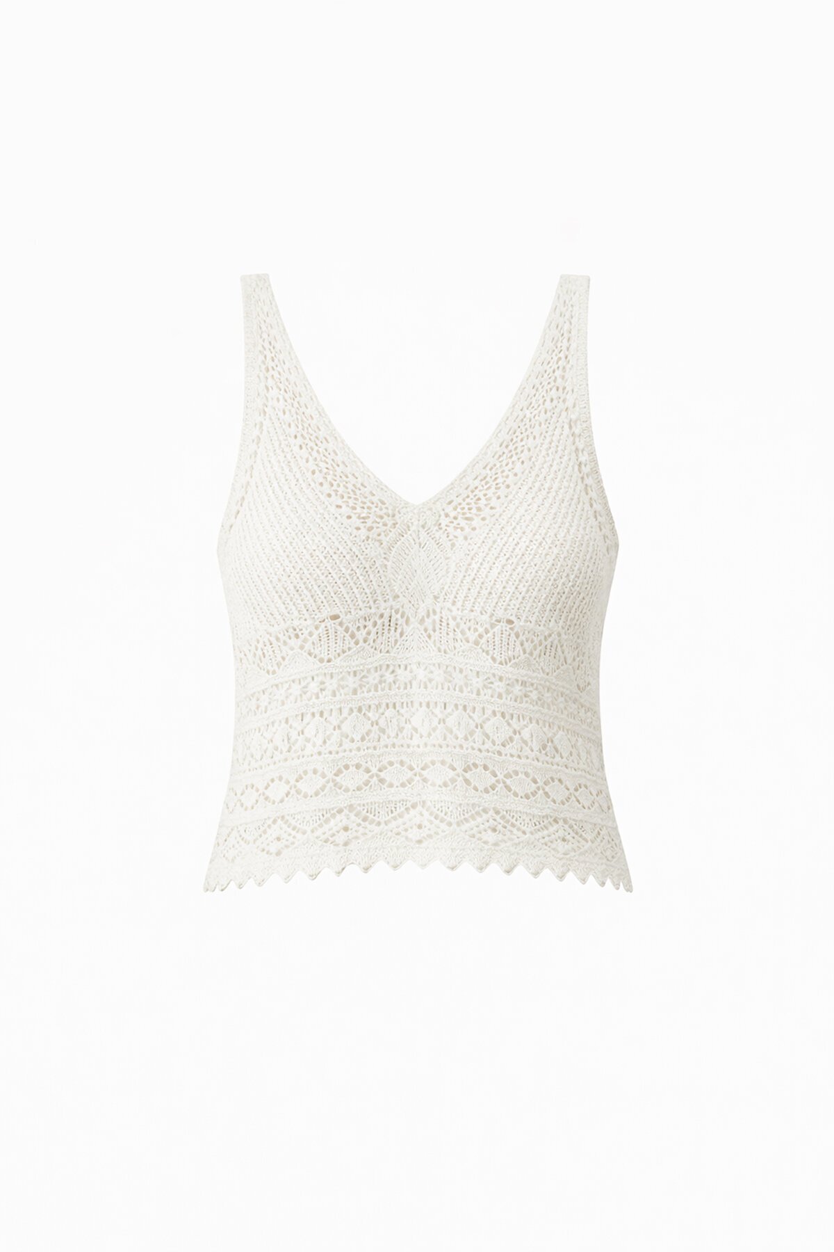 Krem Askılı Ajurlu Örme Crop Bluz