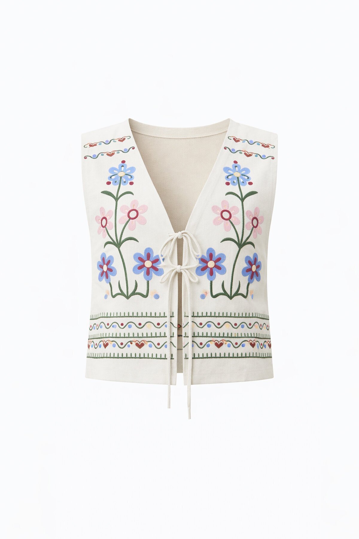 Krem Nakışlı Bağcık Detaylı Tasarım Ham Keten Yelek