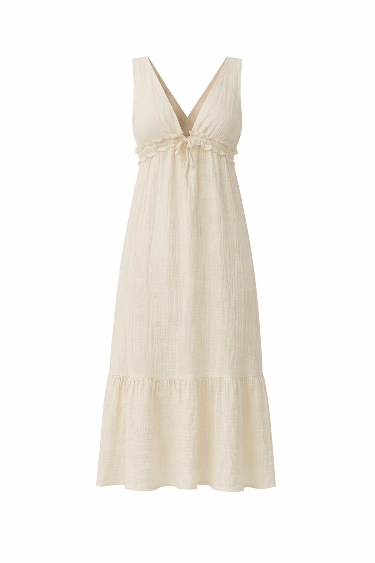 Krem V Yaka Fırfır Detaylı Astarlı Müslin Elbise