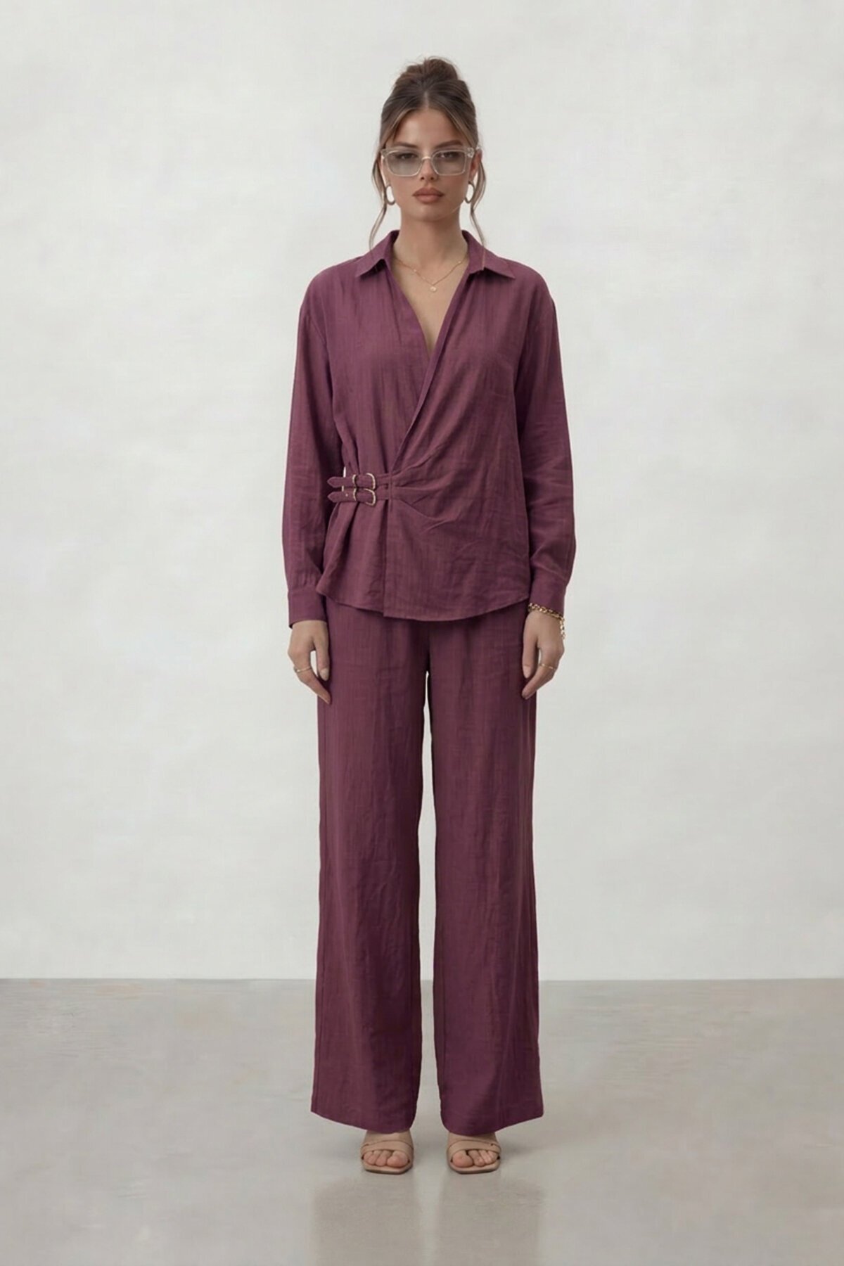 Kruvaze Kesim Bağlamalı Bluz Ve Pantolon Takım