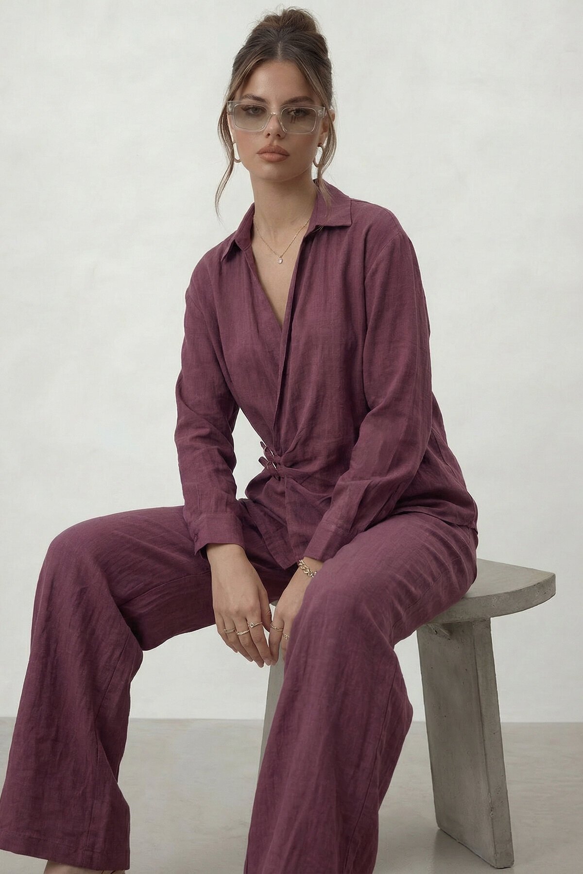 Kruvaze Kesim Bağlamalı Bluz Ve Pantolon Takım