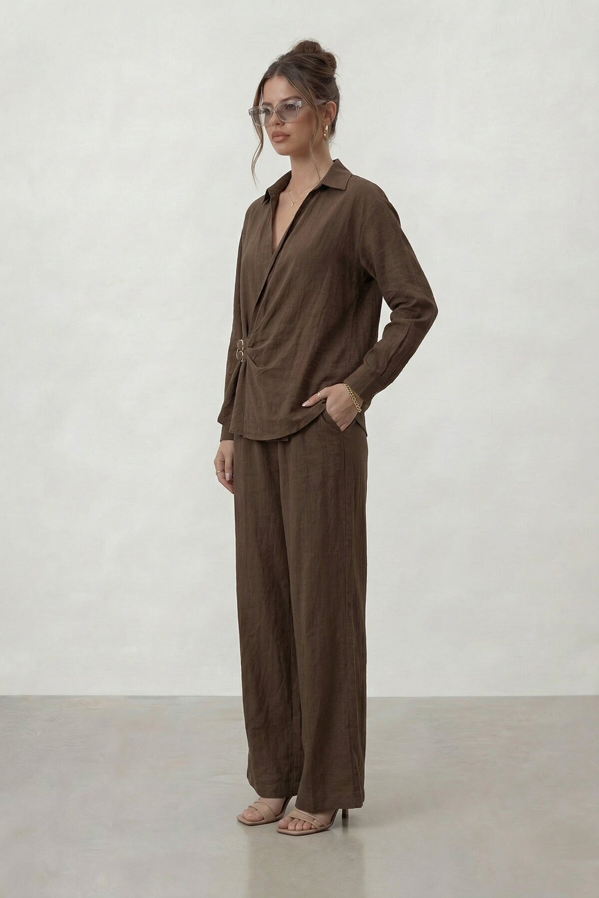 Kruvaze Kesim Bağlamalı Bluz Ve Pantolon Takım