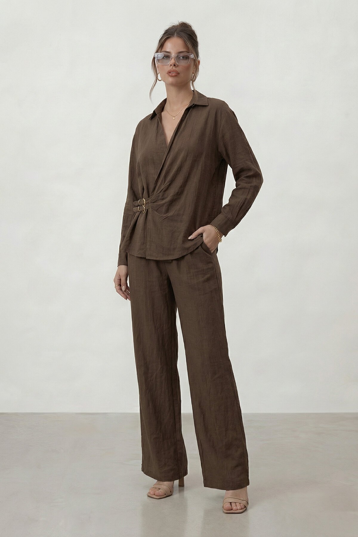 Kruvaze Kesim Bağlamalı Bluz Ve Pantolon Takım