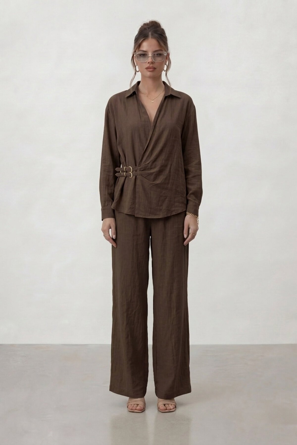 Kruvaze Kesim Bağlamalı Bluz Ve Pantolon Takım