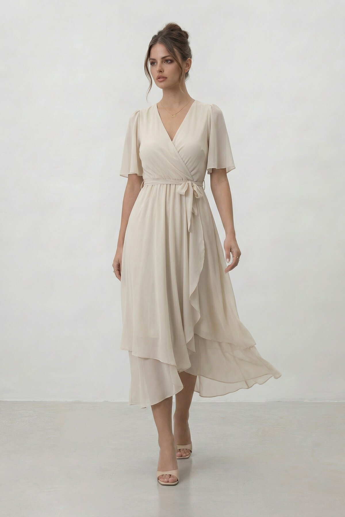 Kruvaze Yaka Belden Bağlamalı Midi Elbise