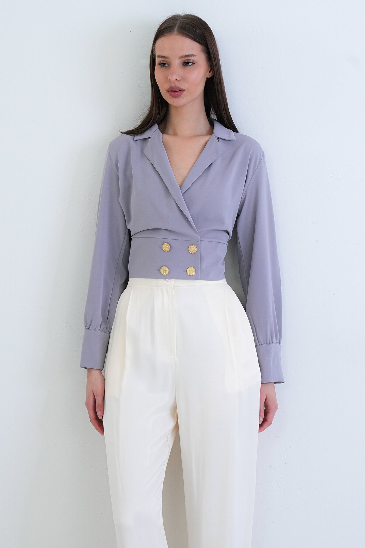 Kruvaze Yaka Düğmeli Crop Ceket