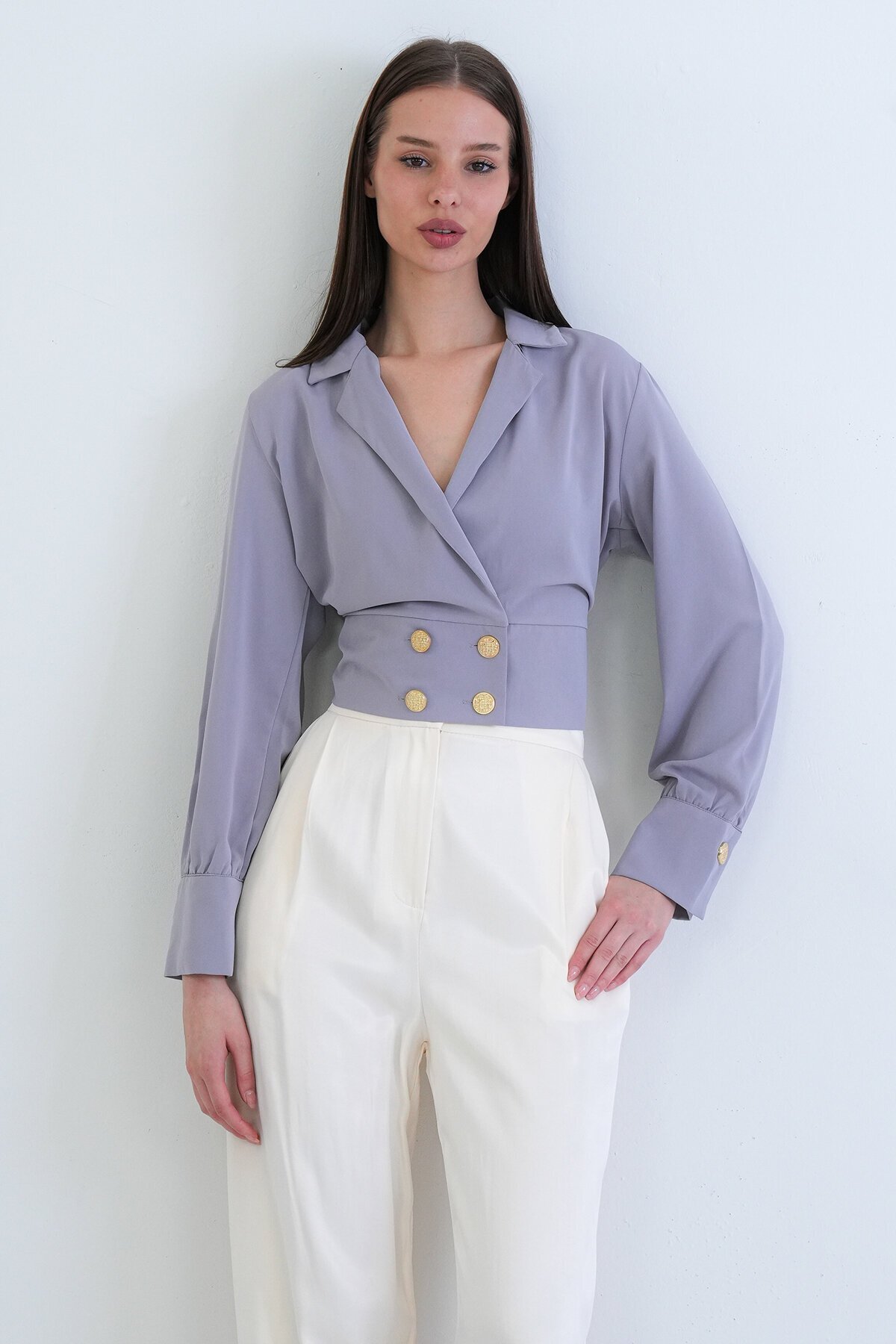 Kruvaze Yaka Düğmeli Crop Ceket