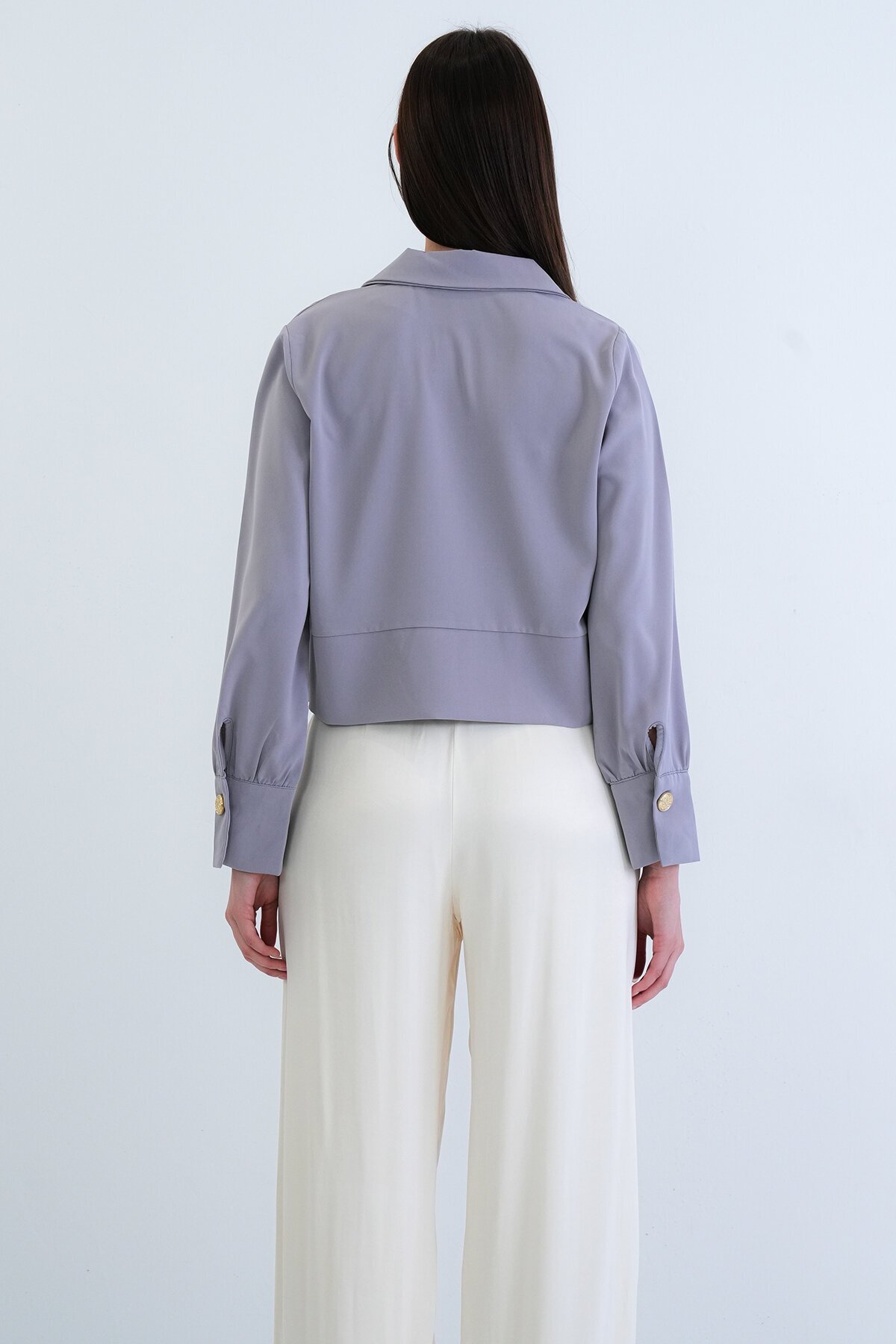 Kruvaze Yaka Düğmeli Crop Ceket