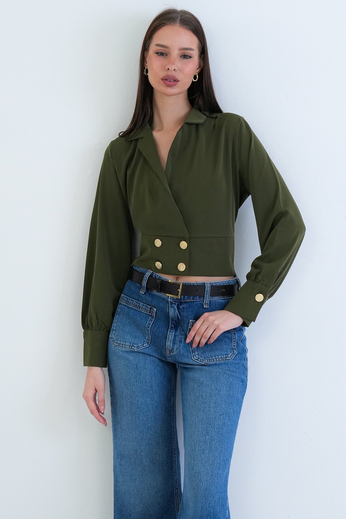 Kruvaze Yaka Düğmeli Crop Ceket