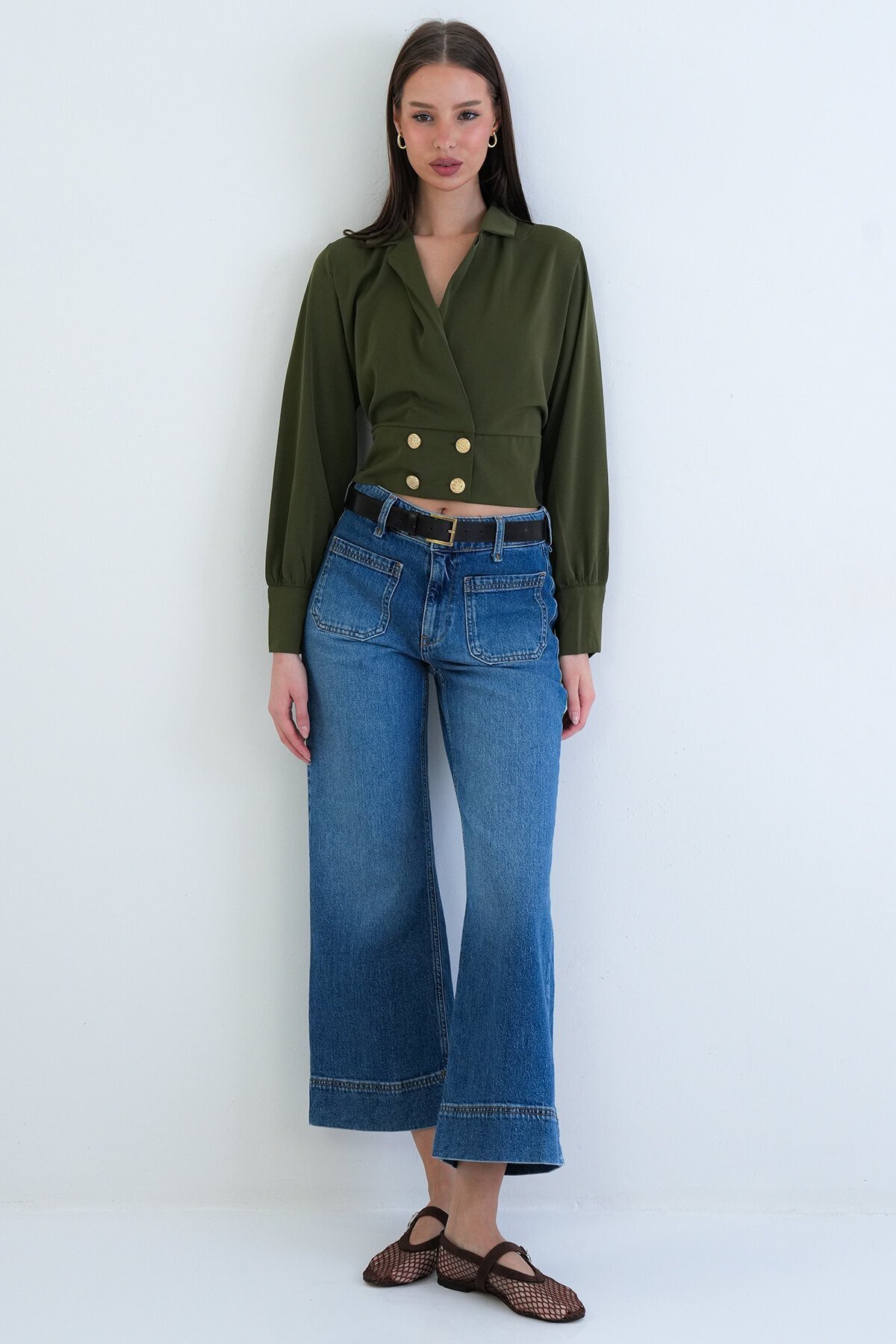 Kruvaze Yaka Düğmeli Crop Ceket