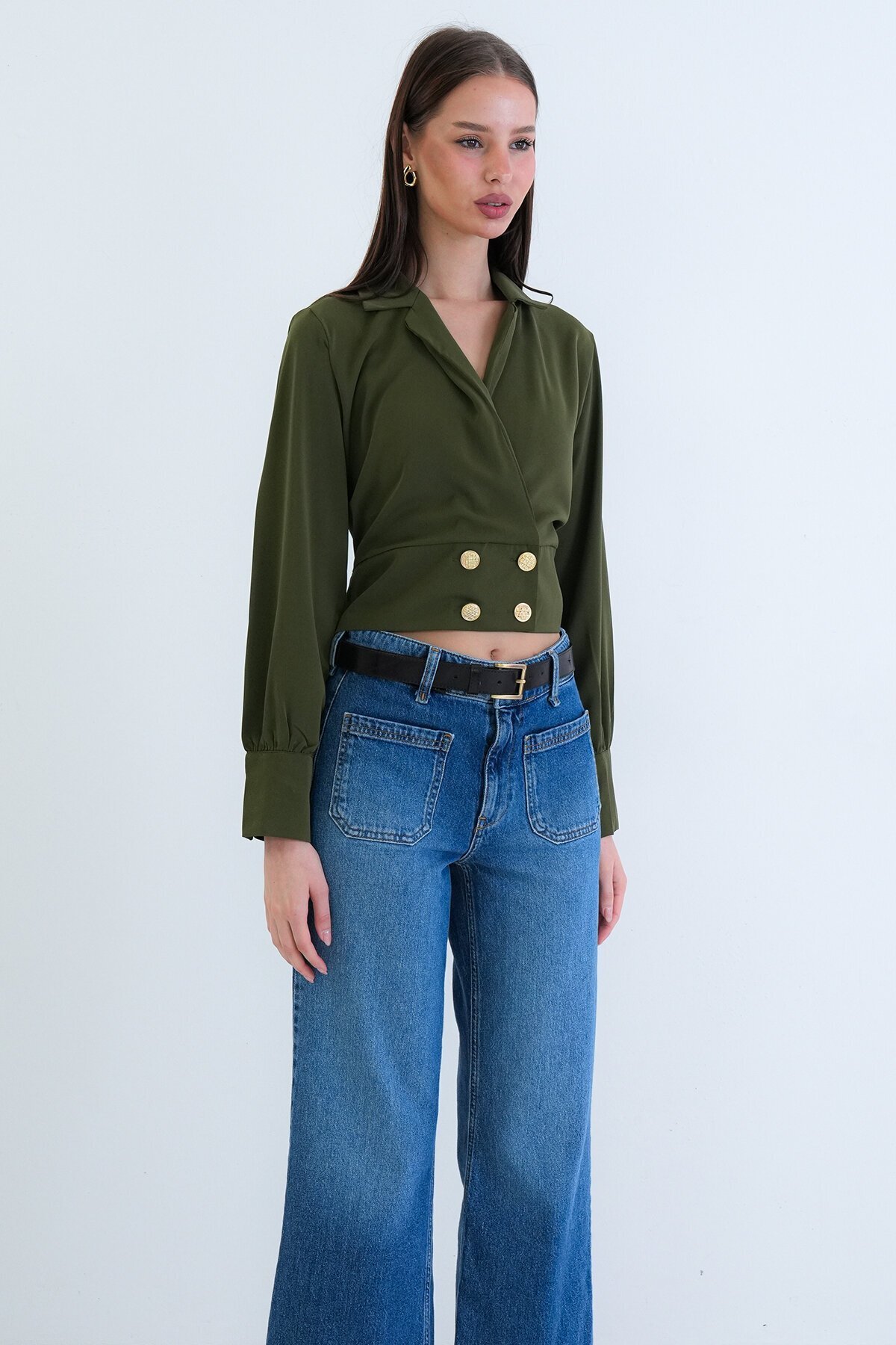 Kruvaze Yaka Düğmeli Crop Ceket