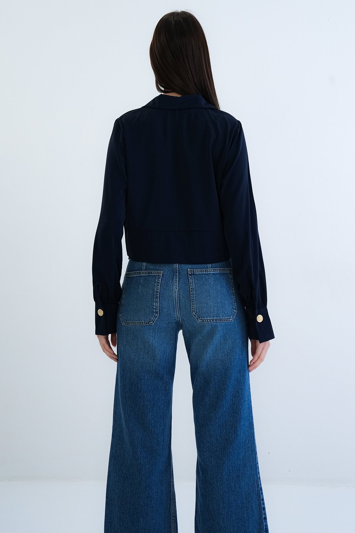 Kruvaze Yaka Düğmeli Crop Ceket