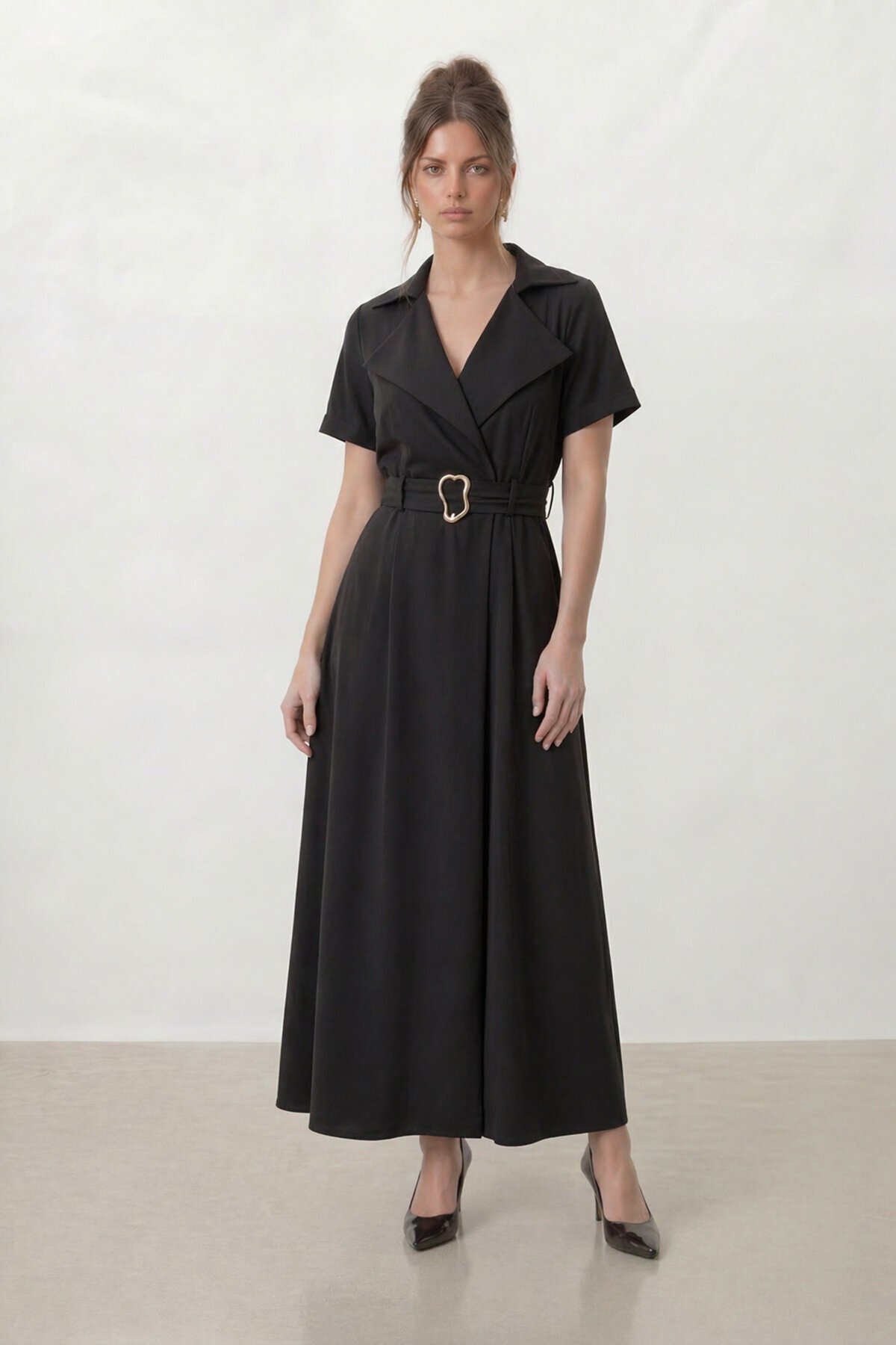 Kruvaze Yaka Gold Kemer Detaylı Kısa Kol Uzun Elbise