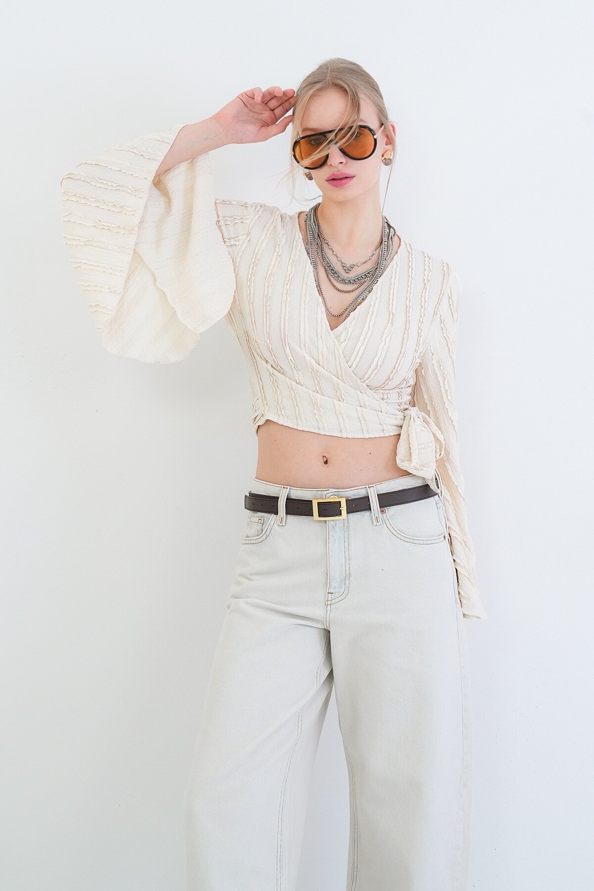 Kruvaze Yaka İspanyol Kol Crop Bluz