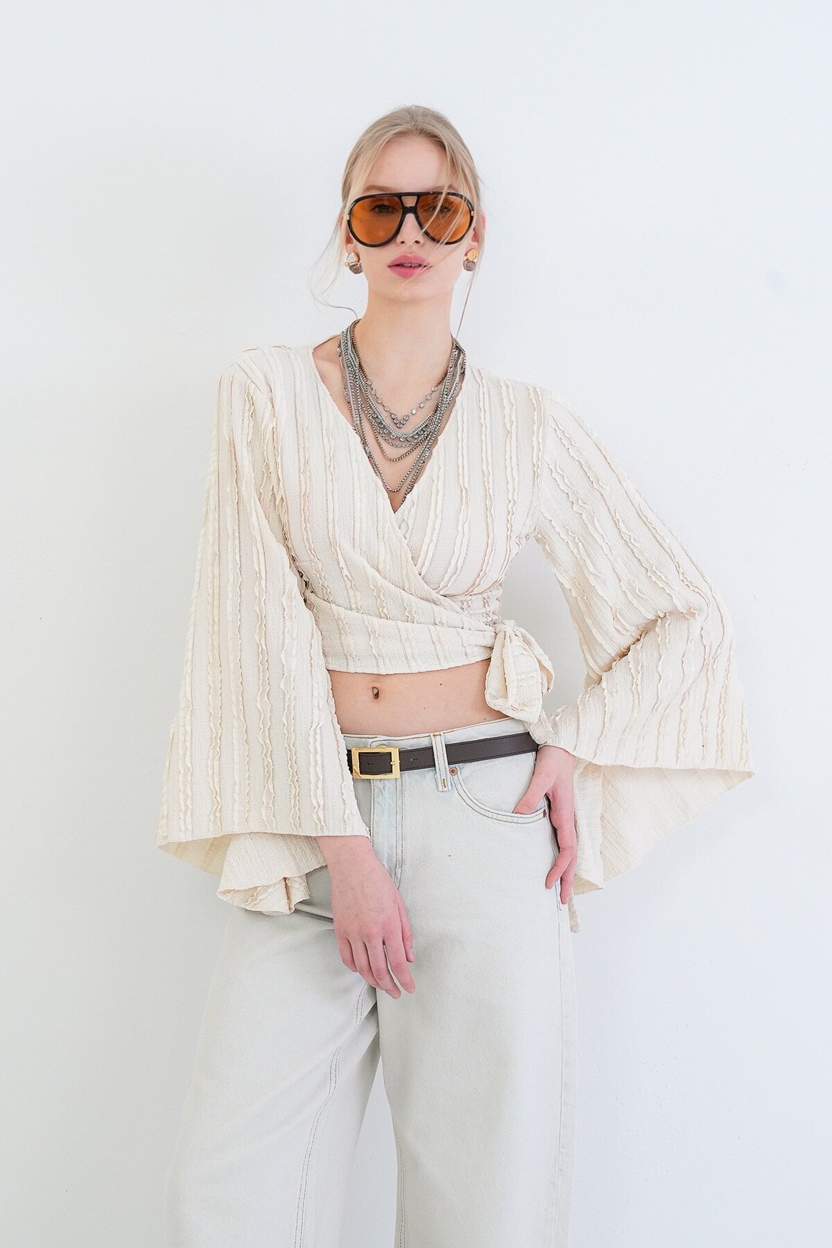 Kruvaze Yaka İspanyol Kol Crop Bluz