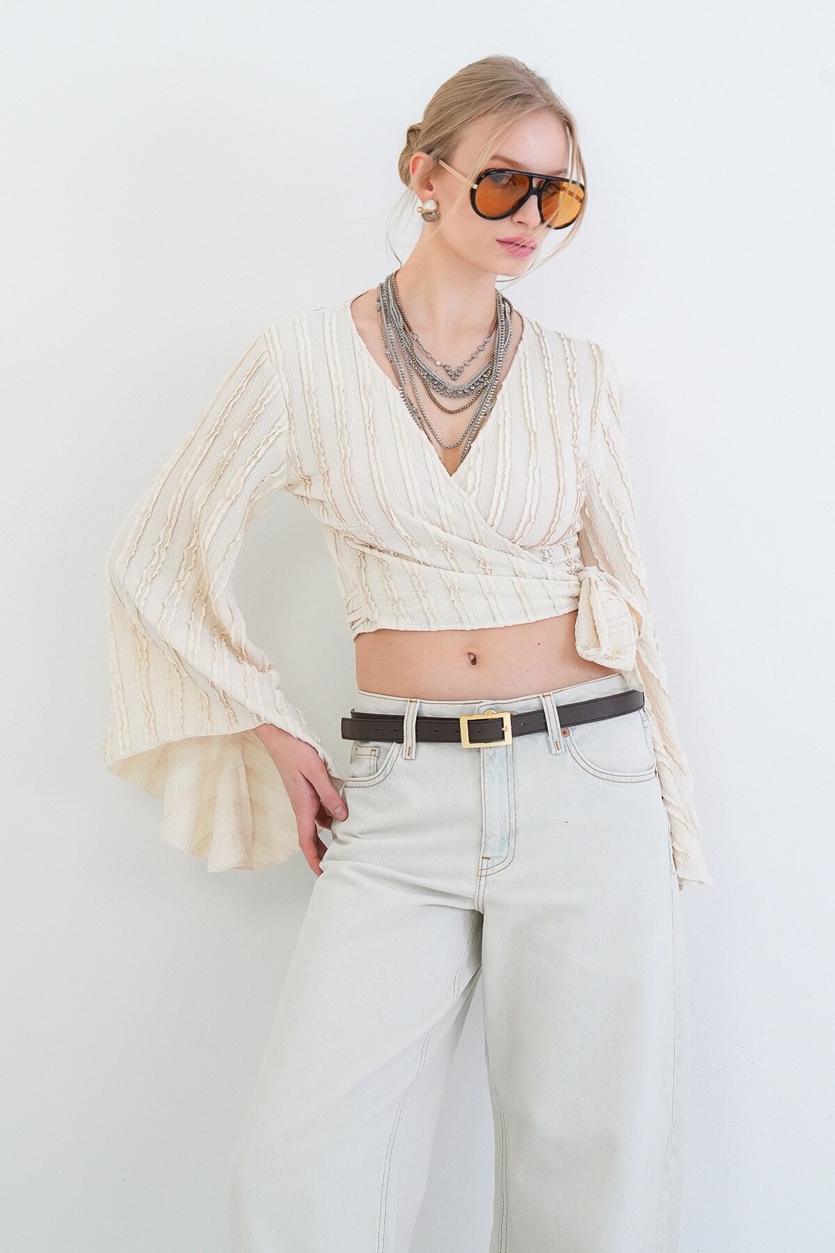 Kruvaze Yaka İspanyol Kol Crop Bluz