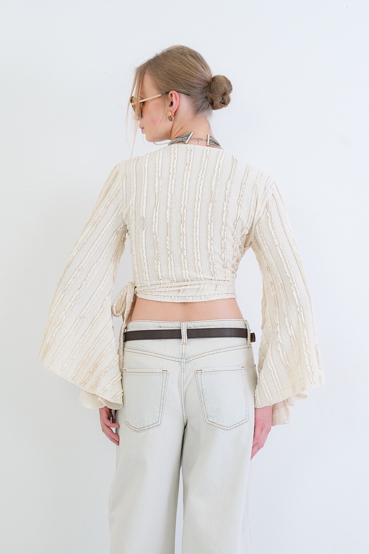 Kruvaze Yaka İspanyol Kol Crop Bluz