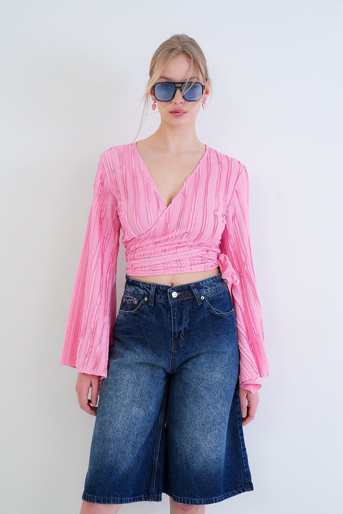 Kruvaze Yaka İspanyol Kol Crop Bluz