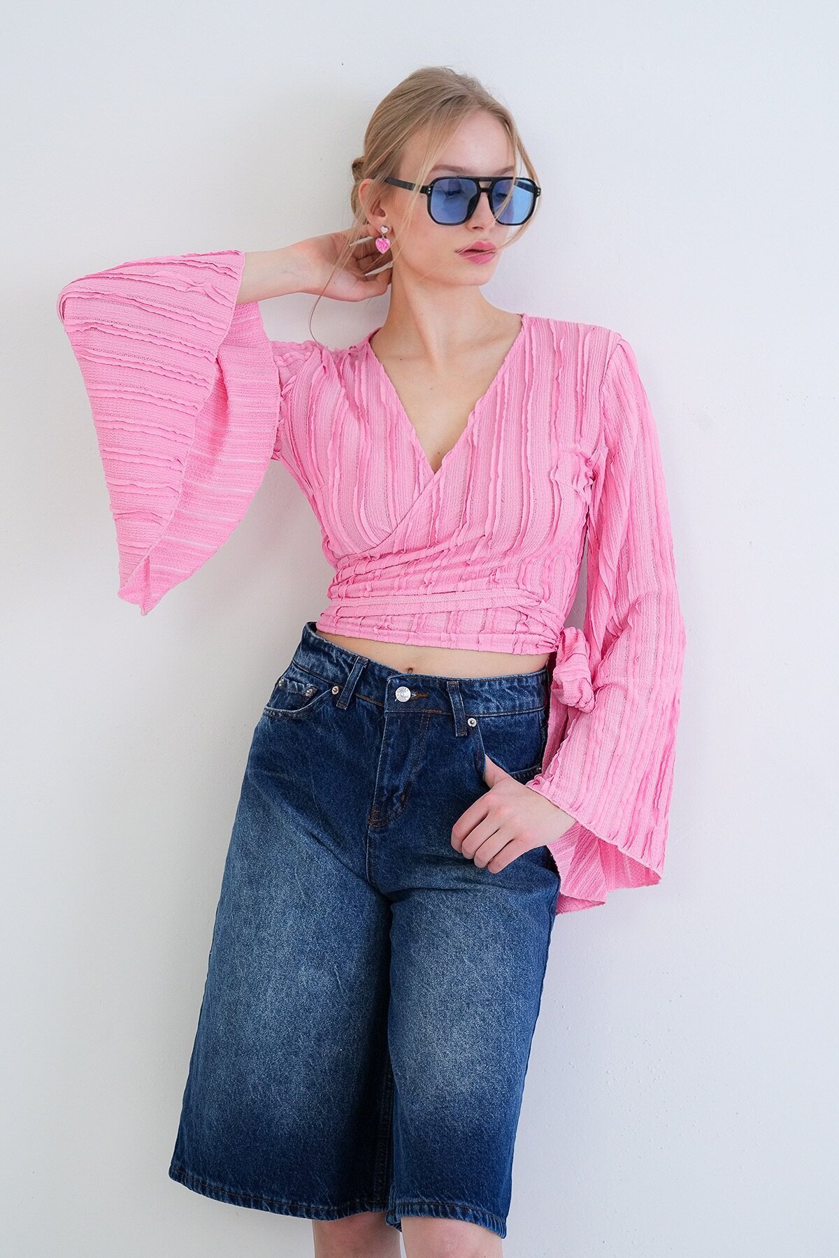 Kruvaze Yaka İspanyol Kol Crop Bluz