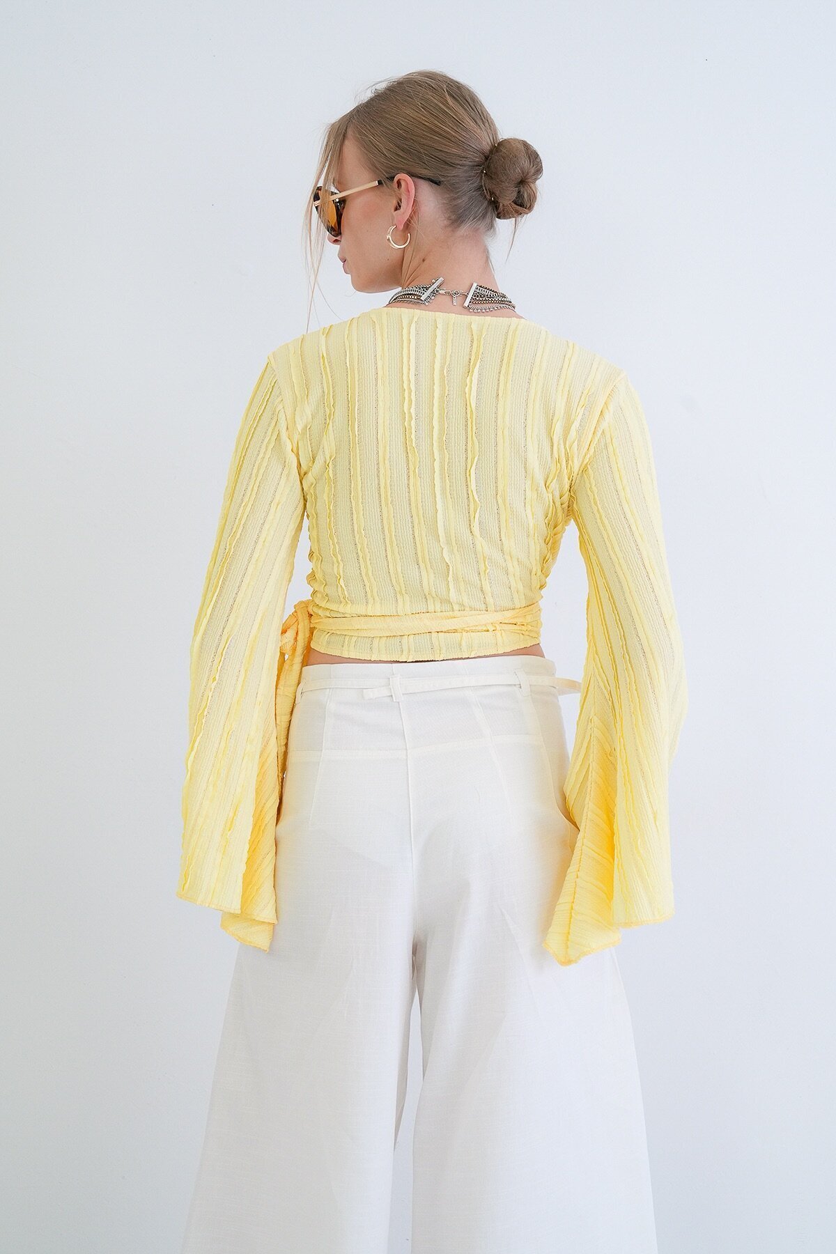 Kruvaze Yaka İspanyol Kol Crop Bluz