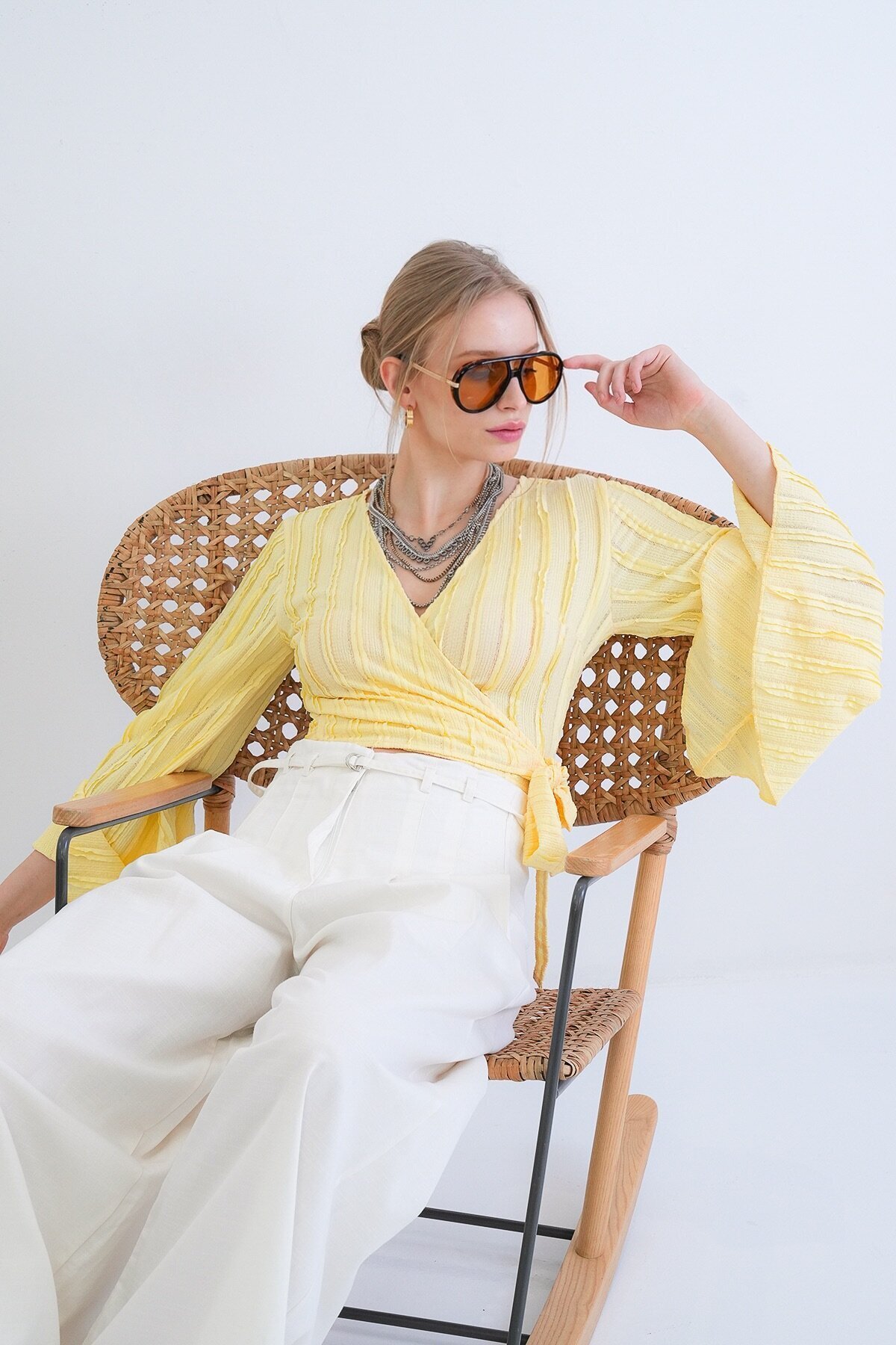 Kruvaze Yaka İspanyol Kol Crop Bluz