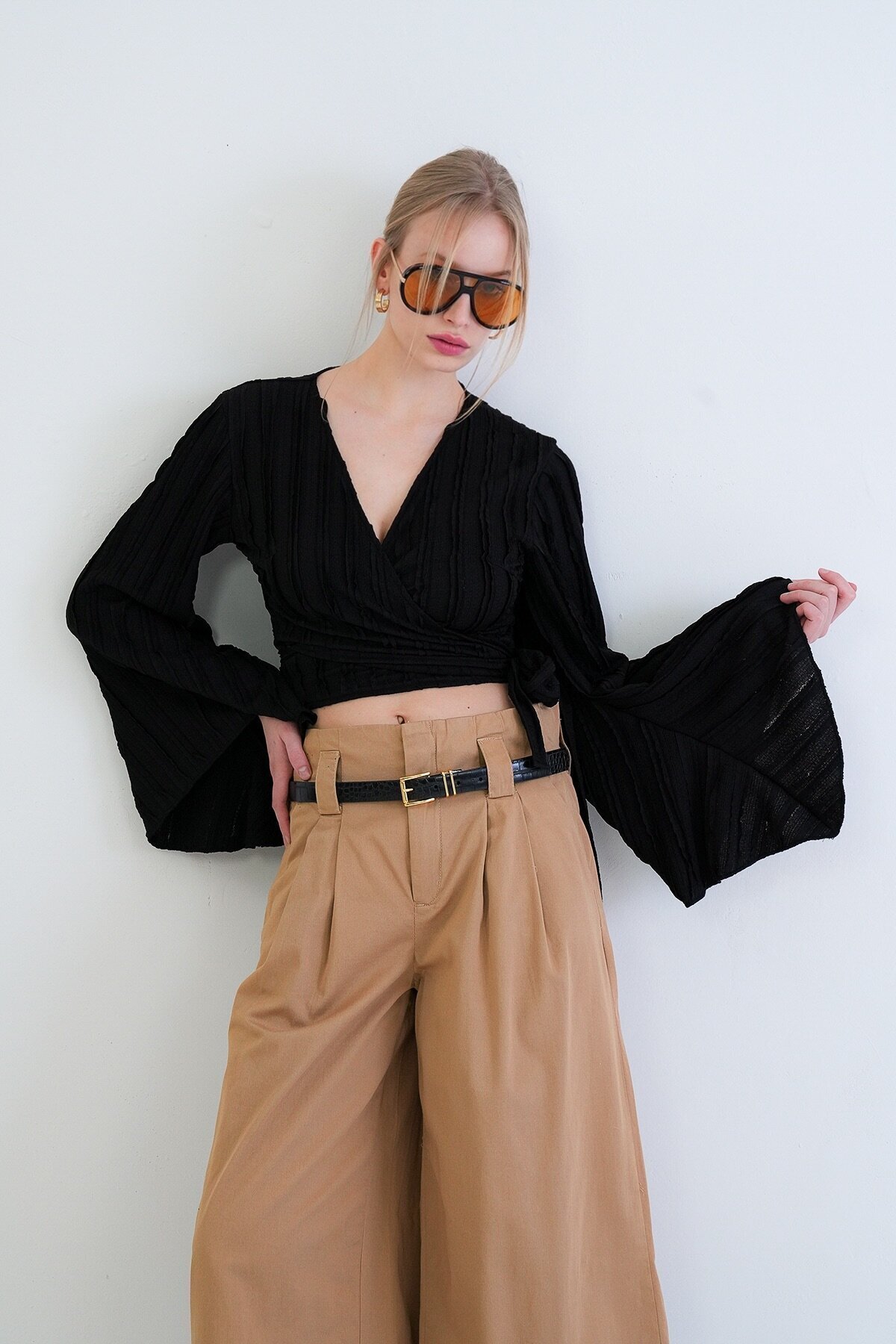 Kruvaze Yaka İspanyol Kol Crop Bluz