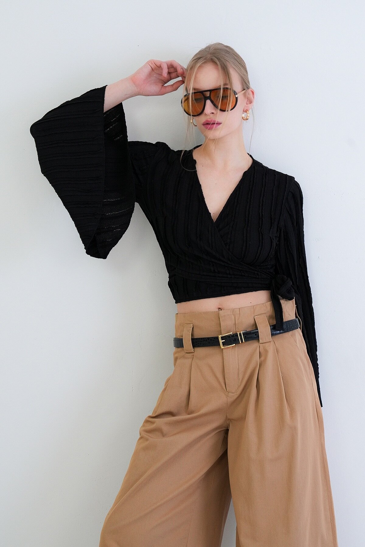 Kruvaze Yaka İspanyol Kol Crop Bluz