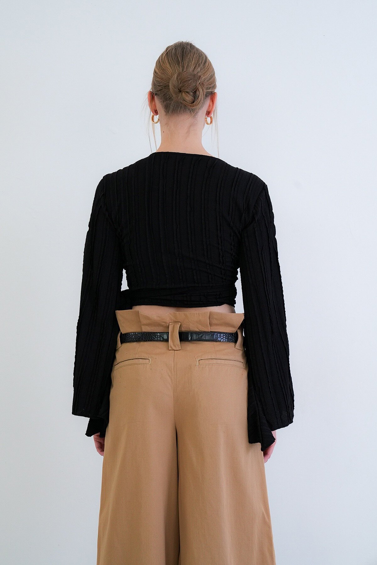 Kruvaze Yaka İspanyol Kol Crop Bluz