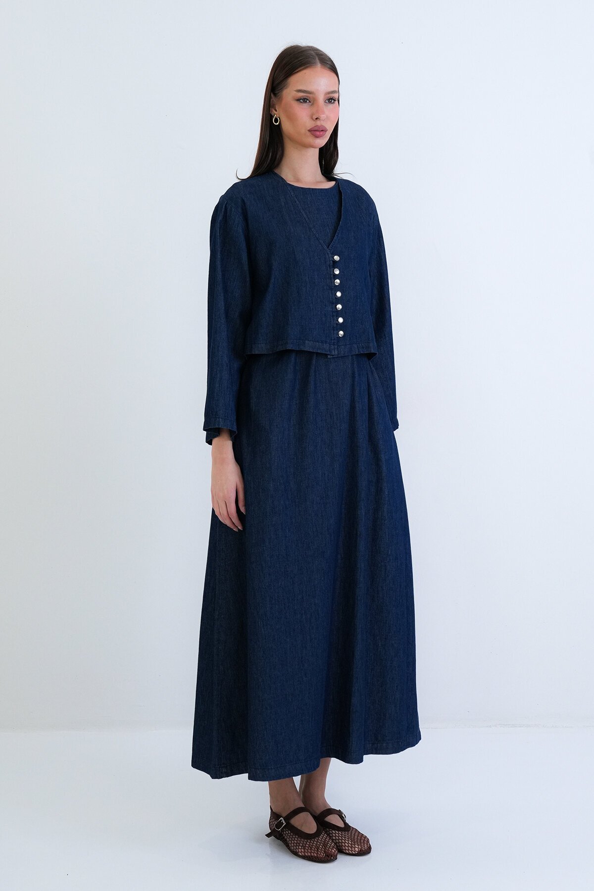 Kuşaklı Elbise Ve Düğmeli Ceket Takım