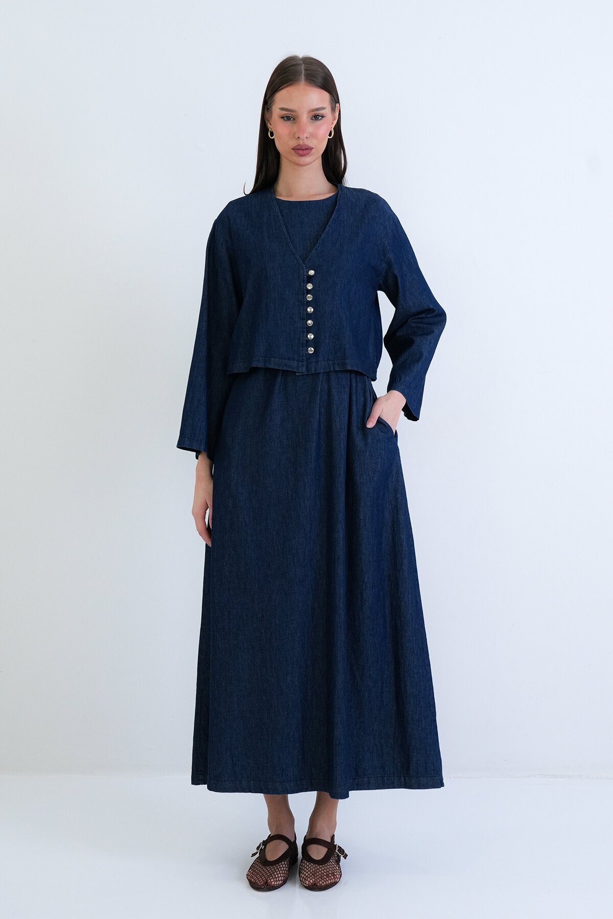 Kuşaklı Elbise Ve Düğmeli Ceket Takım