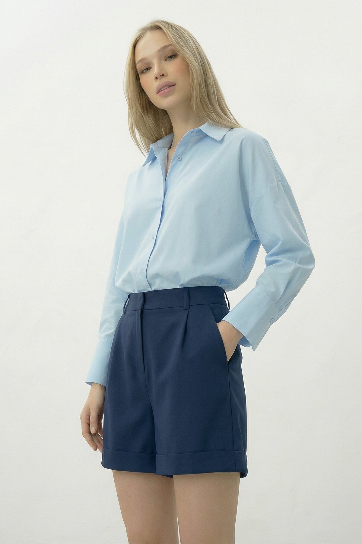 Lacivert Çift Cepli Duble Paça Gizli Fermuarlı Keten Şort