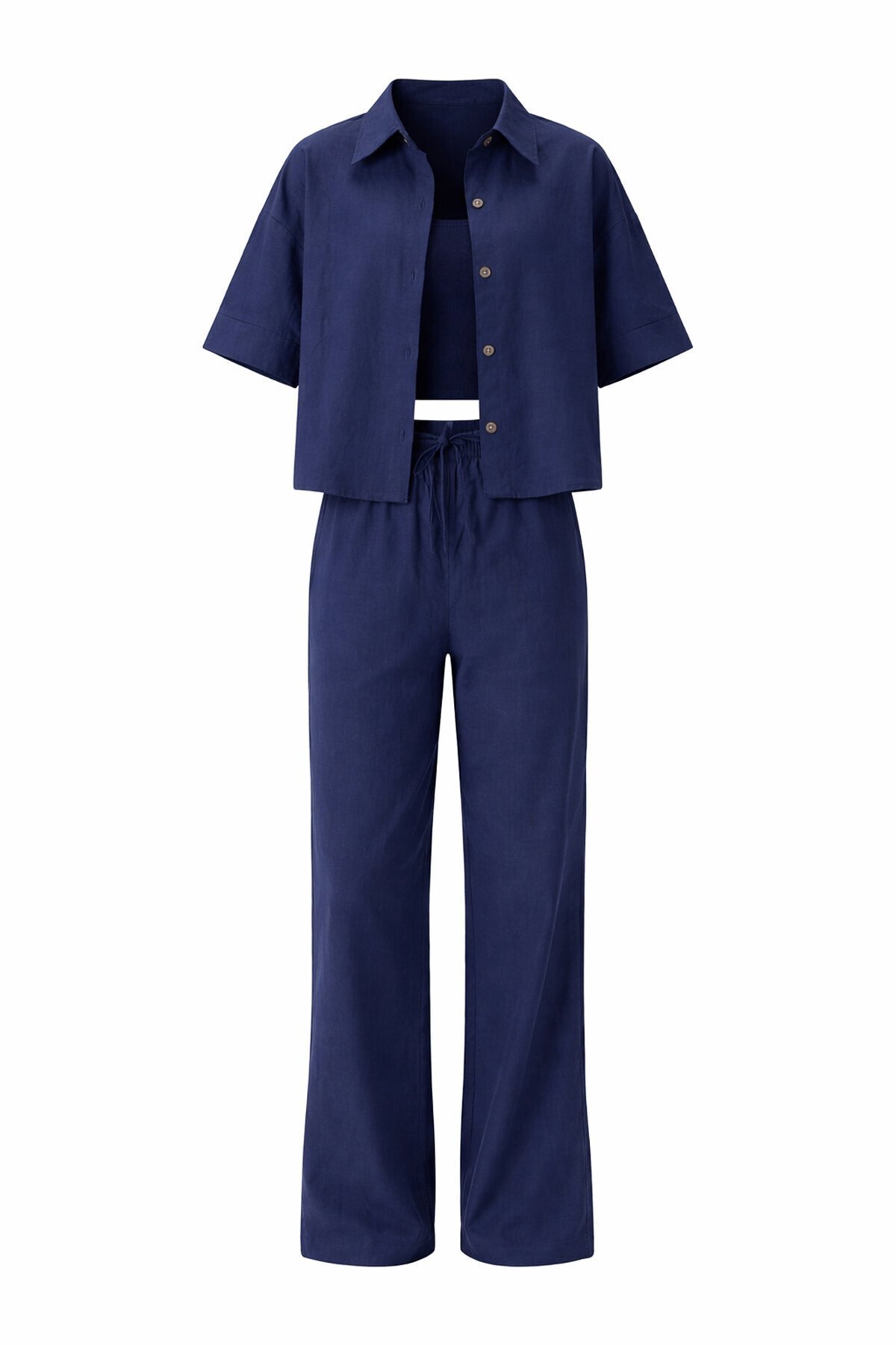 Lacivert Keten Gömlek Ve Palazzo Pantolon Takım