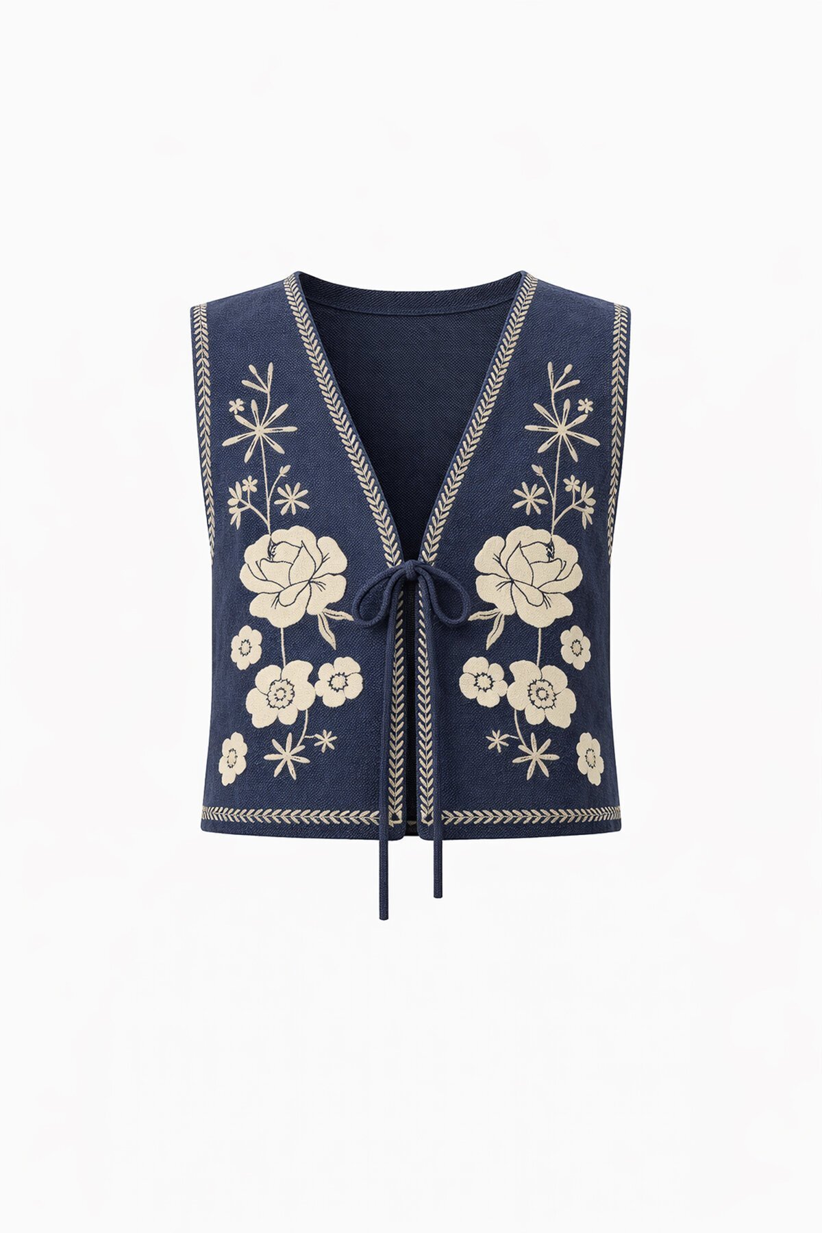 Lacivert Nakış Detaylı Astarlı Dokulu Crop Yelek