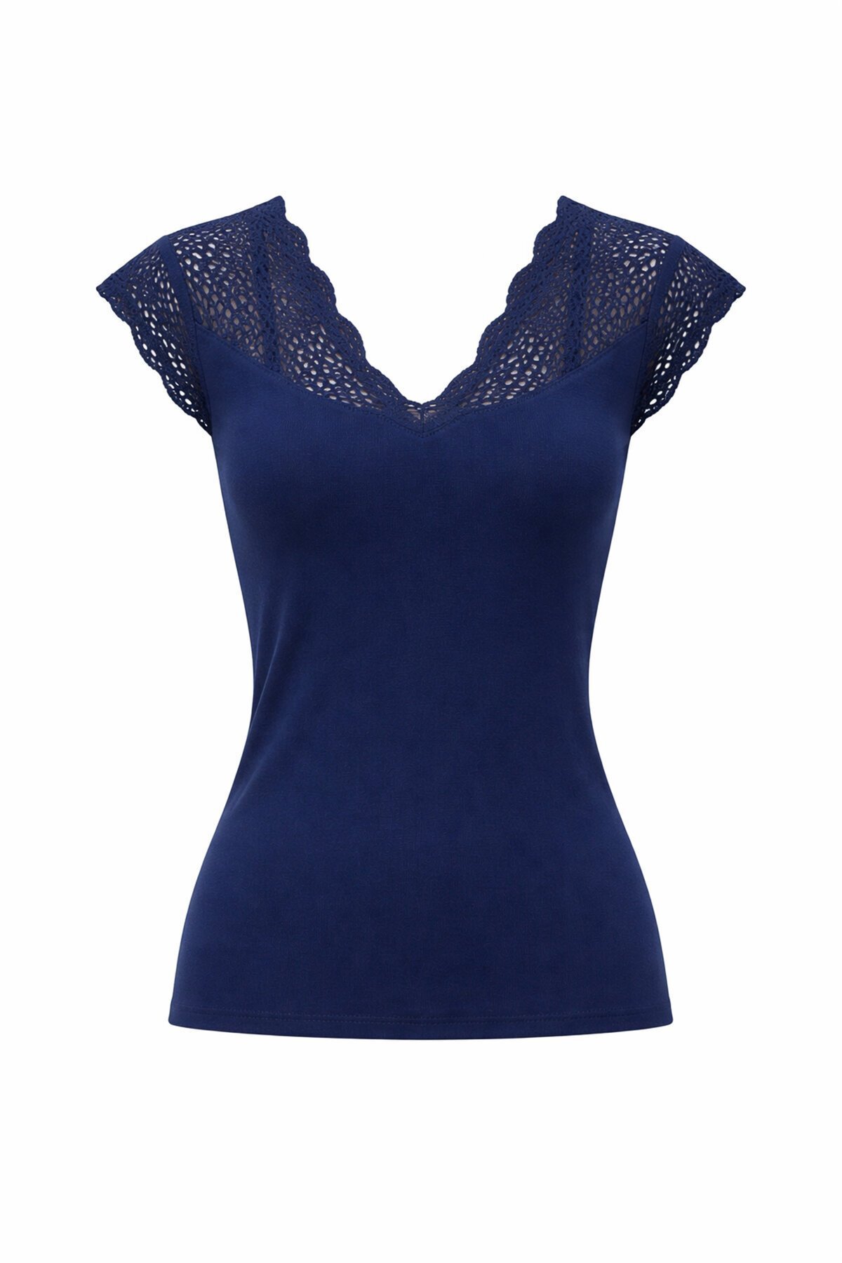 Lacivert Önü Ve Arkası V Yaka Delik Ajurlu Triko Bluz