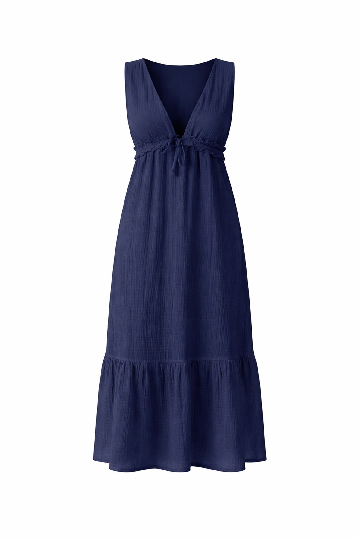 Lacivert V Yaka Fırfır Detaylı Astarlı Müslin Elbise