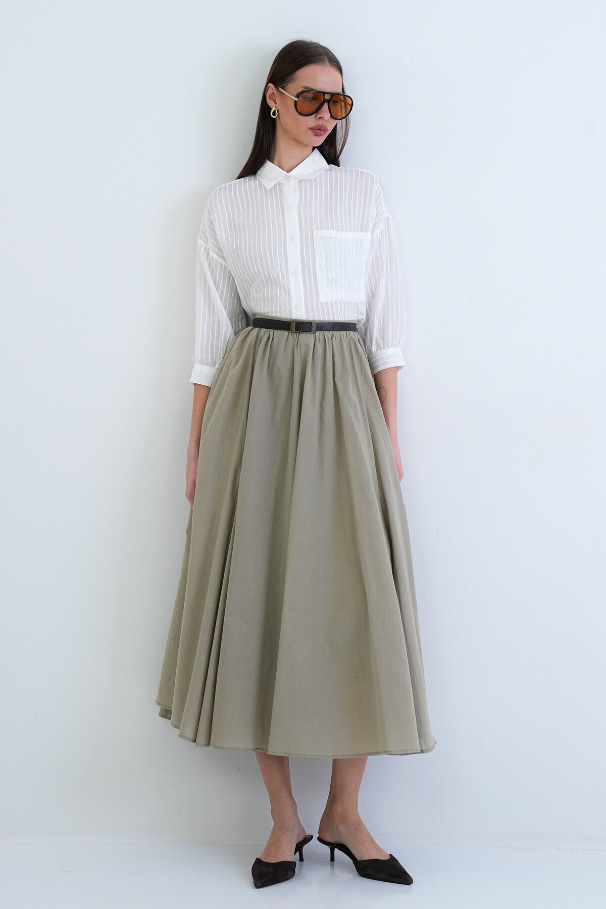 Lastikli Cepli Midi Etek