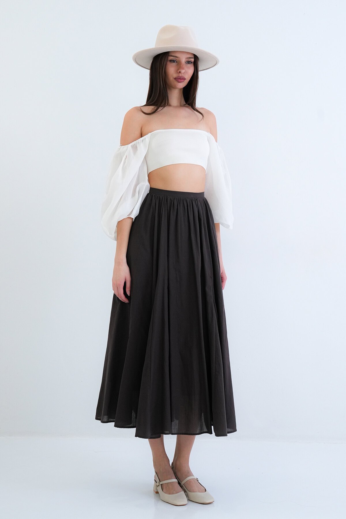 Lastikli Cepli Midi Etek