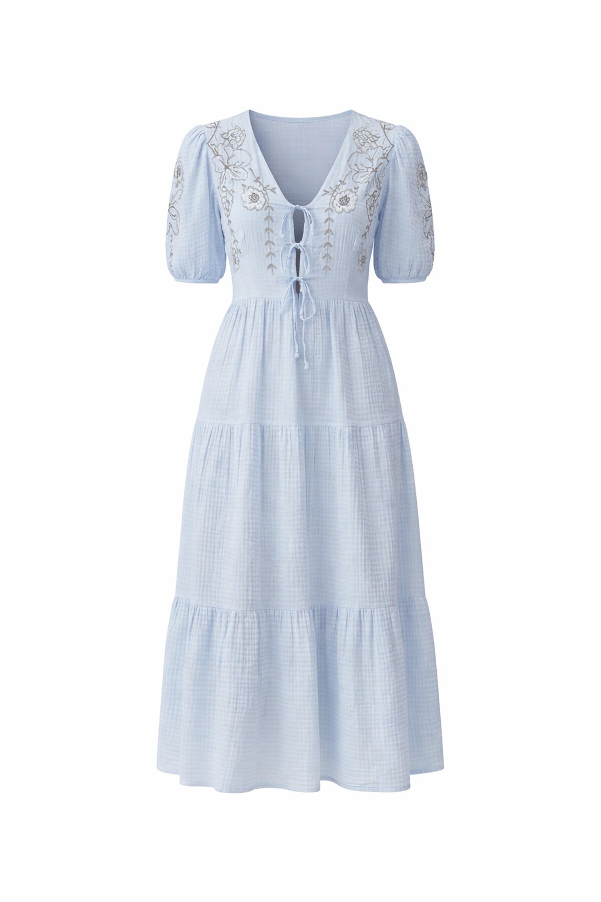 Mavi Nakışlı Bağlama Detaylı Midi Boy Müslin Elbise