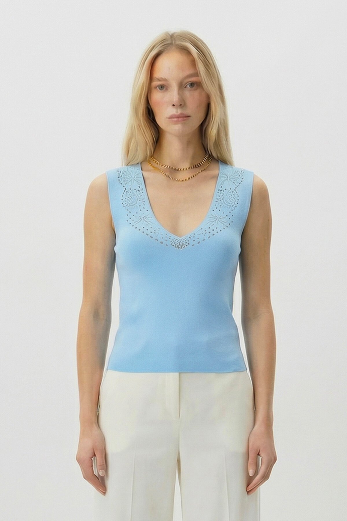 Mavi Ön Arka V Yaka Ajurlu Yazlık Triko Bluz