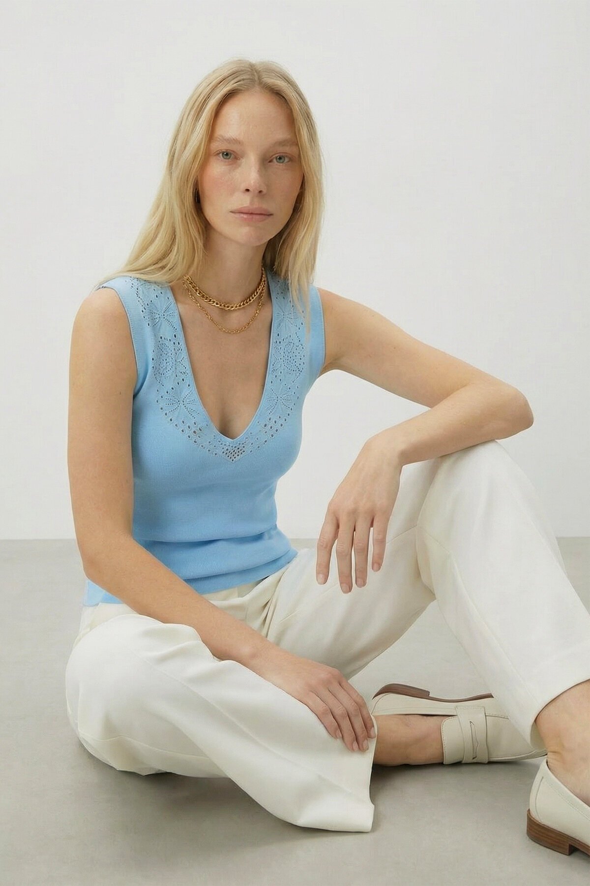 Mavi Ön Arka V Yaka Ajurlu Yazlık Triko Bluz