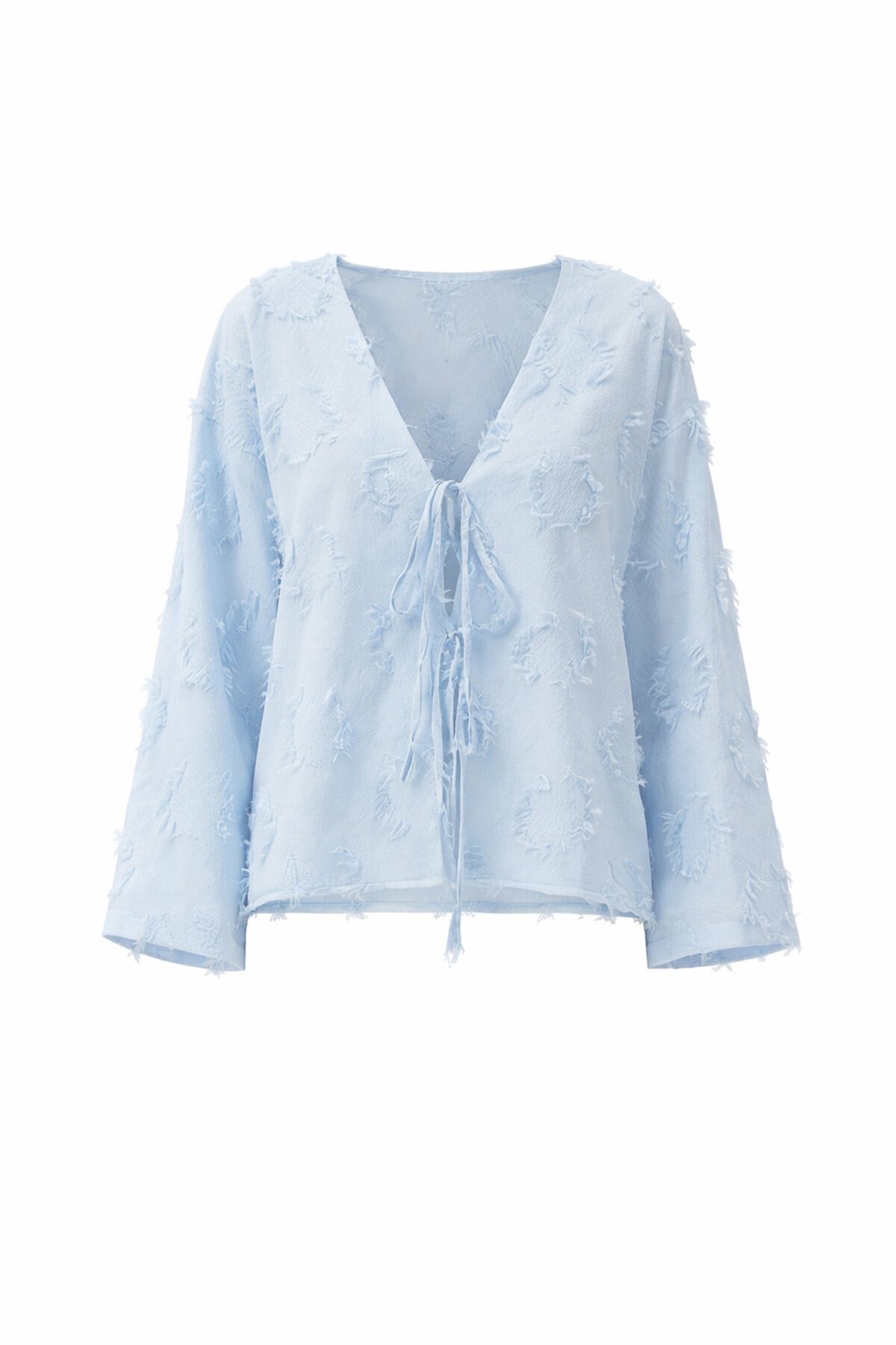 Mavi V Yaka Önü Bağlamalı Püskül Detaylı Yazlık Keten Ceket