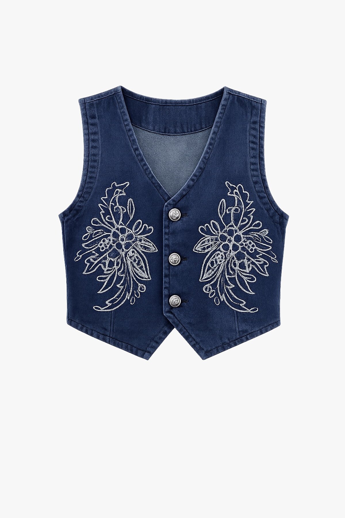 Nakışlı Kot Yelek Ve Denim Pantolon Takım