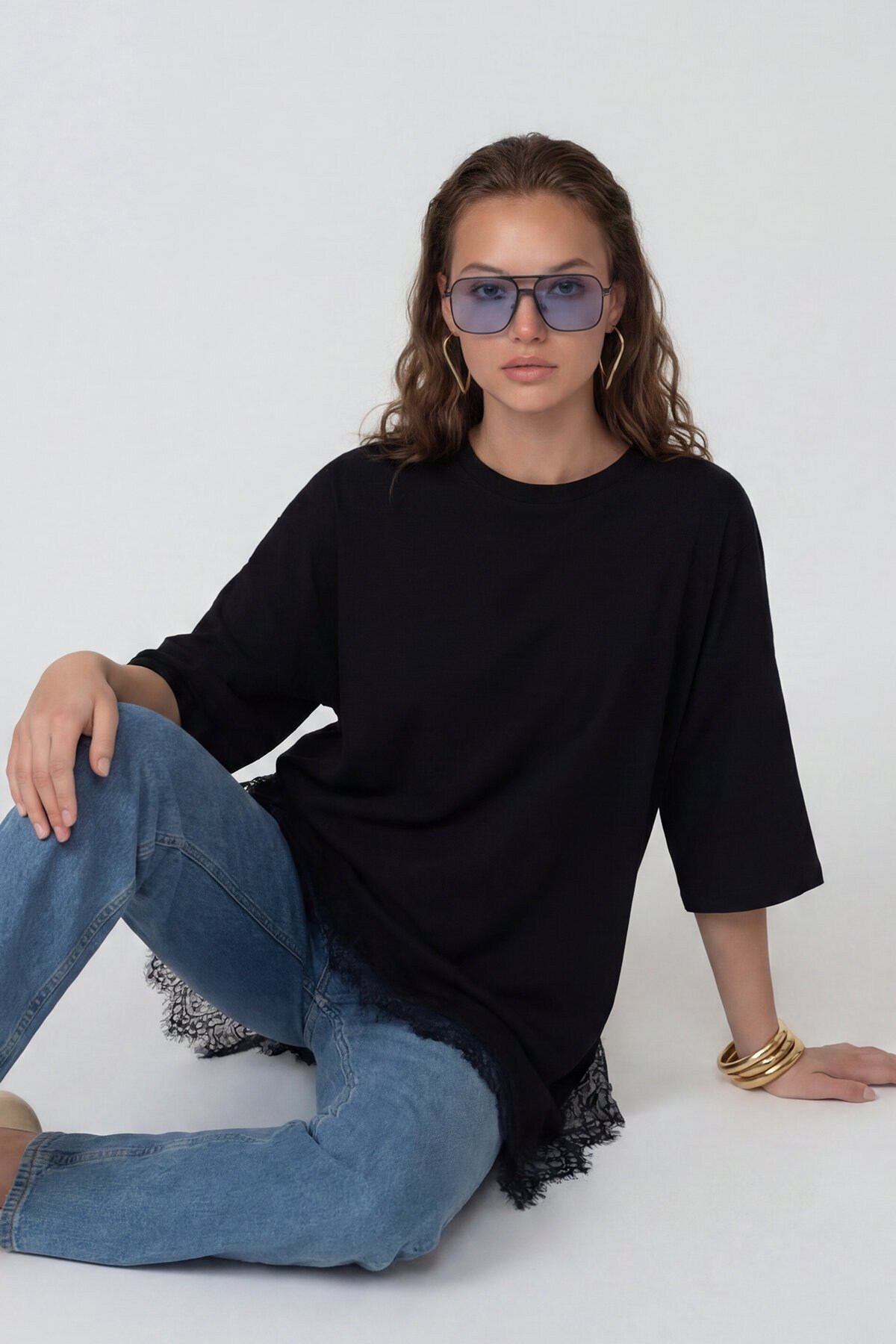 Oversize Dantelli Kombine T-Shirt