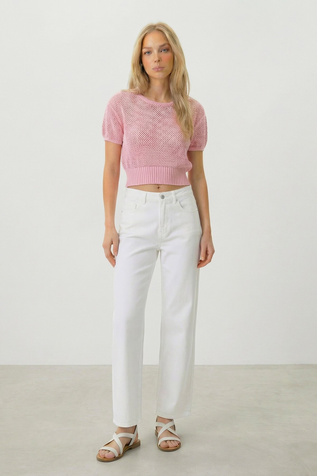 Pembe Beli Gipeli Ajurlu Crop Bluz