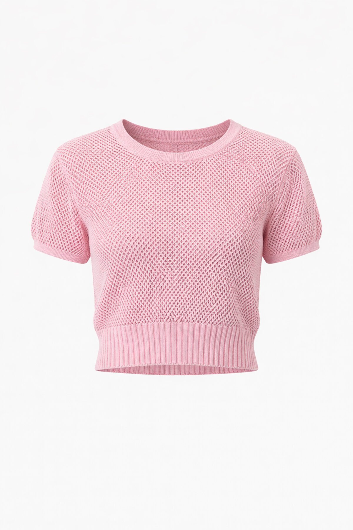 Pembe Beli Gipeli Ajurlu Crop Bluz