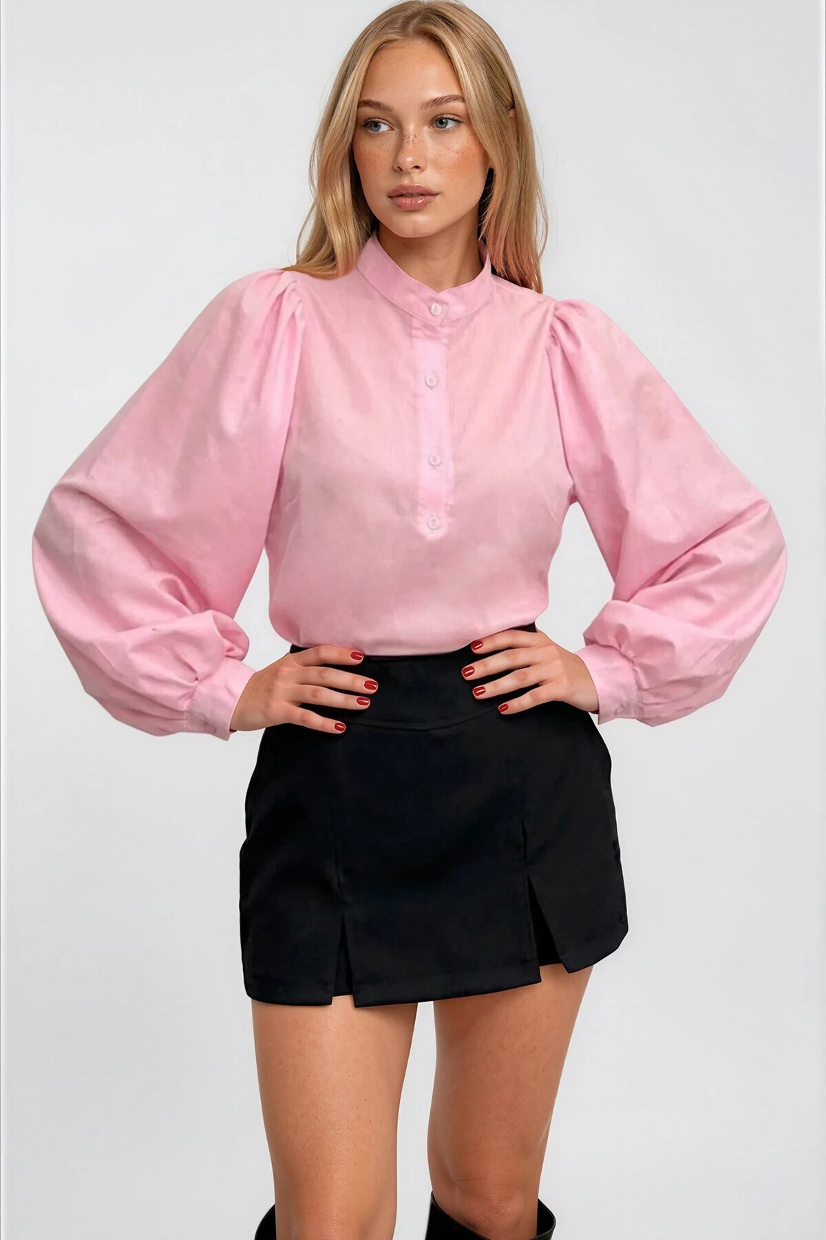 Pembe Hakim Yaka Önü Düğmeli Balon Kol Poplin Dokuma Gömlek