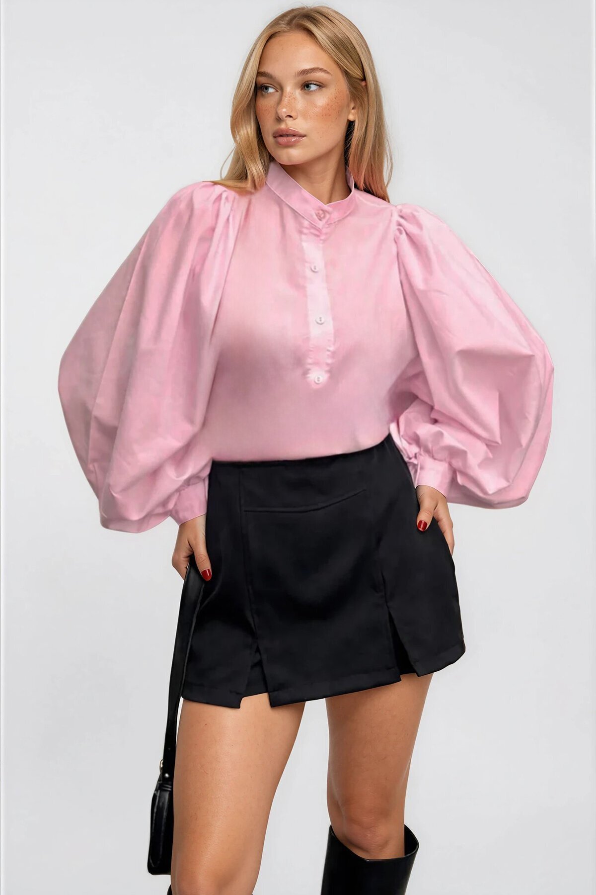 Pembe Hakim Yaka Önü Düğmeli Balon Kol Poplin Dokuma Gömlek