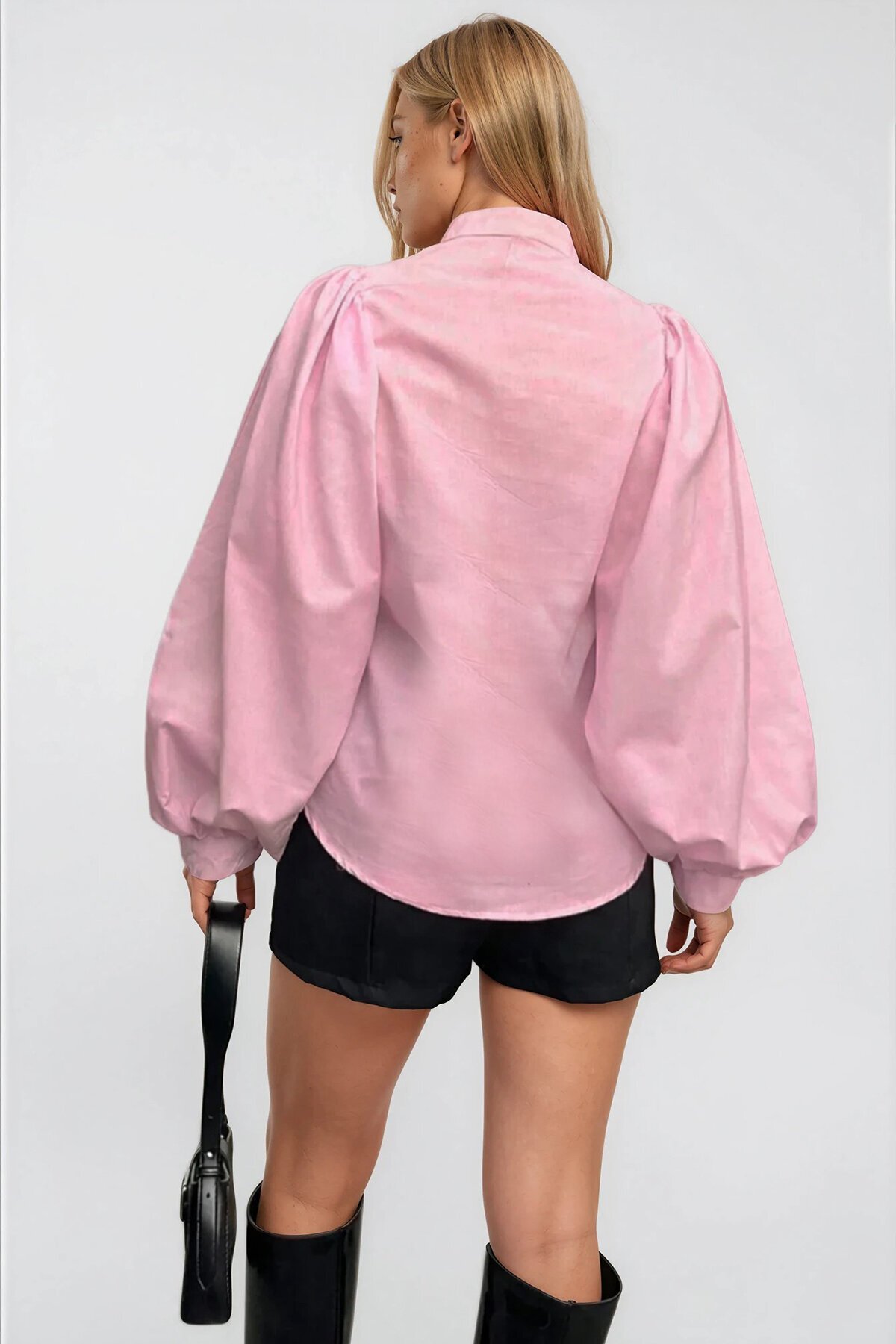 Pembe Hakim Yaka Önü Düğmeli Balon Kol Poplin Dokuma Gömlek