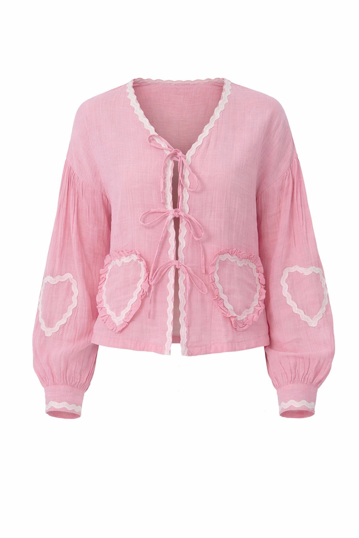 Pembe Kalp Nakışlı Bağlamalı Mevsimlik Ceket