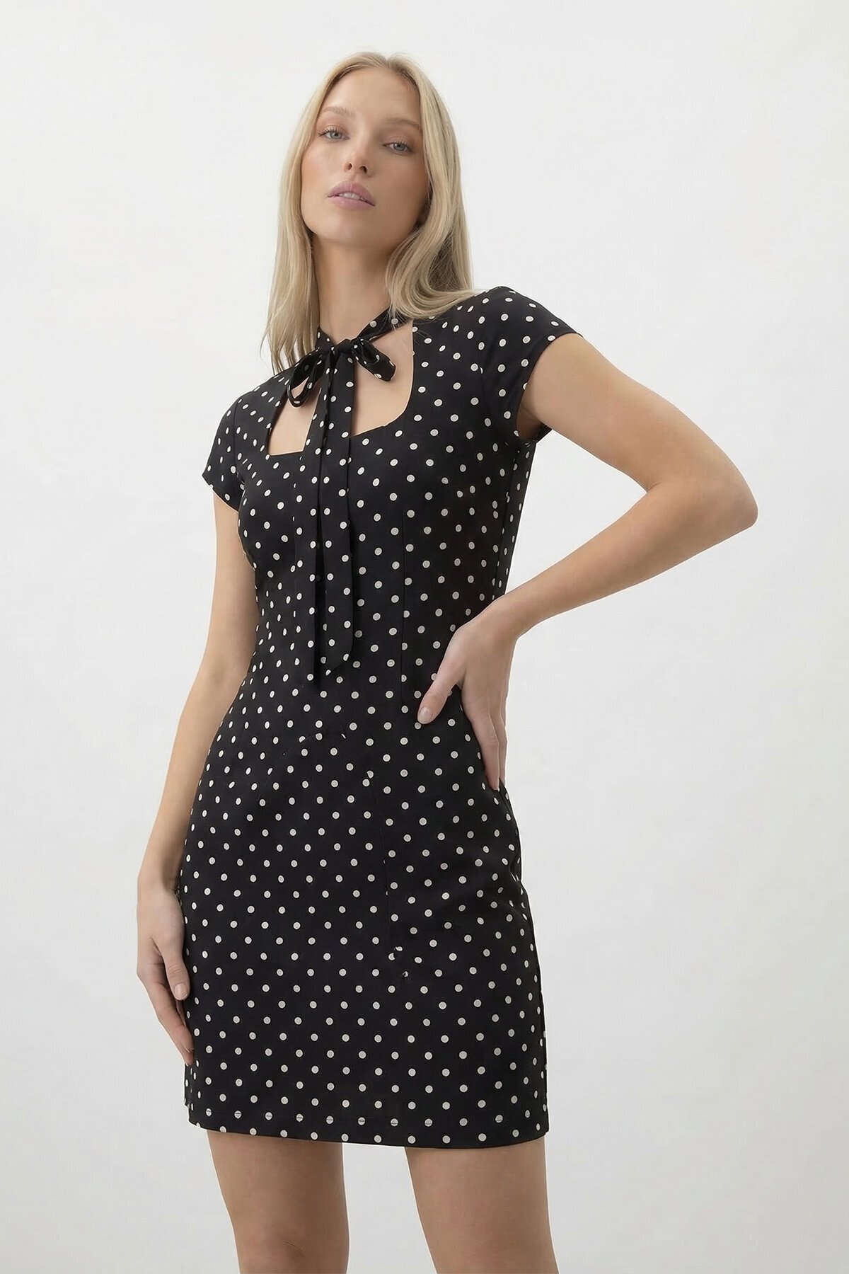 Puantiye Desenli Boyun Bağlamalı Mini Elbise